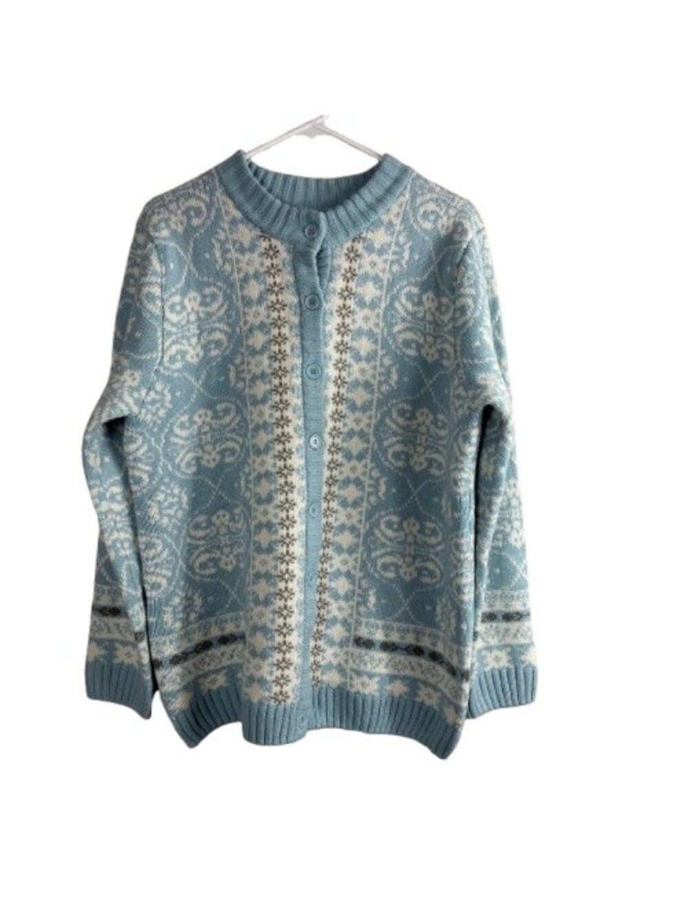 National Fair Isle Cardigan 1X Blue Ivory Nordic Sweater Snowflake Winter Knit - Picture 2 of 7